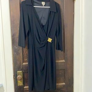 Anne Klein Black faux Wrap Stretch Dress Career 3/4 Sleeve gold accent 14.